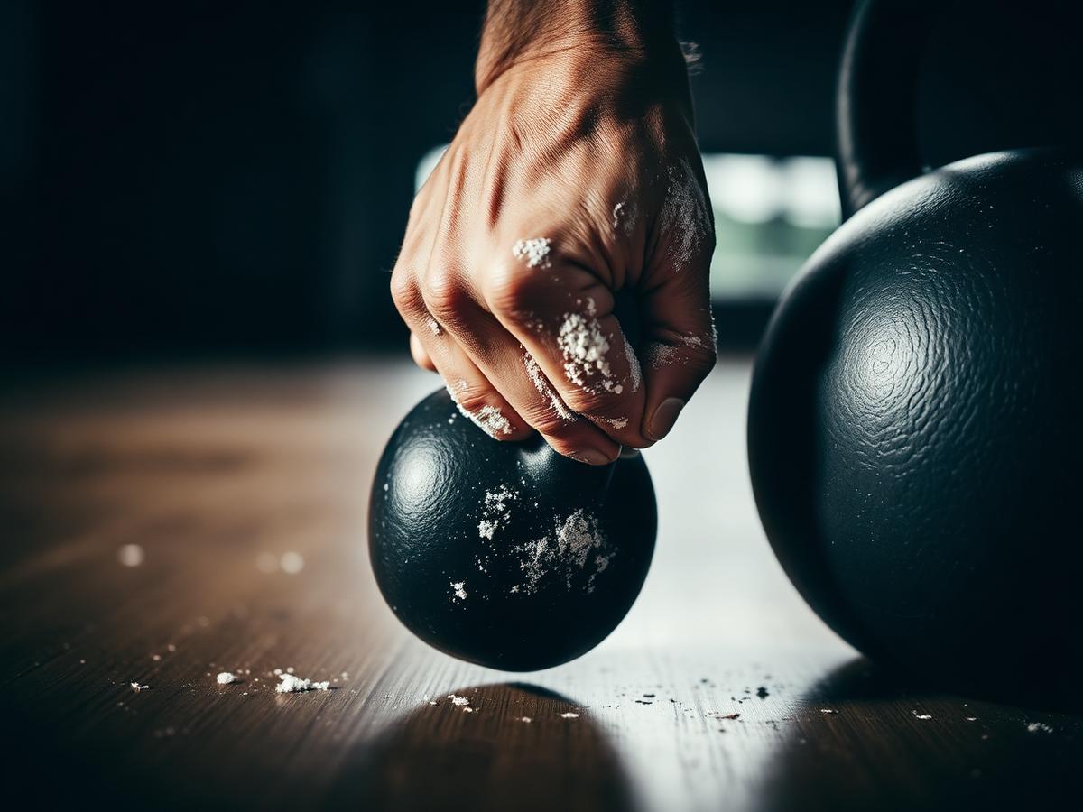 Chalked hand gripping a cast iron kettlebell