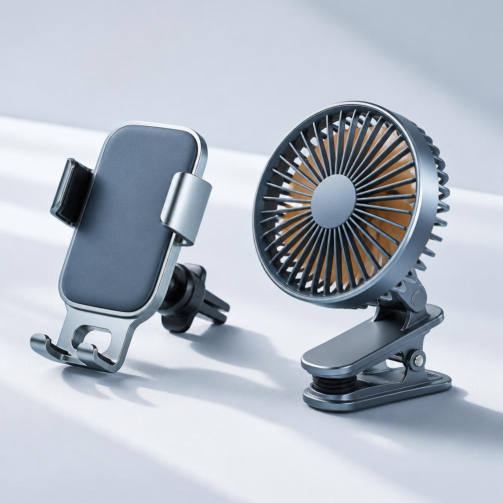Car phone mount and cabin fan studio shot